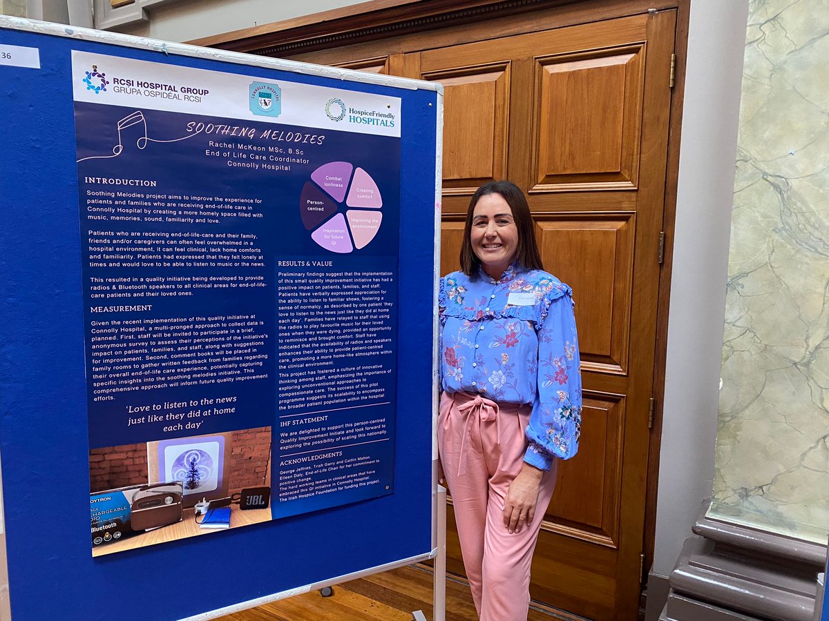 1/3 Fantastic to see End-of-Life Care Coordinator @RachelMckeon7 presenting the poster for @HSCPConnolly's Hospice Friendly Hospitals Quality Improvement Awards project ‘Soothing Melodies’ at the RCSI Hospital Group Quality and Patient Safety Conference.