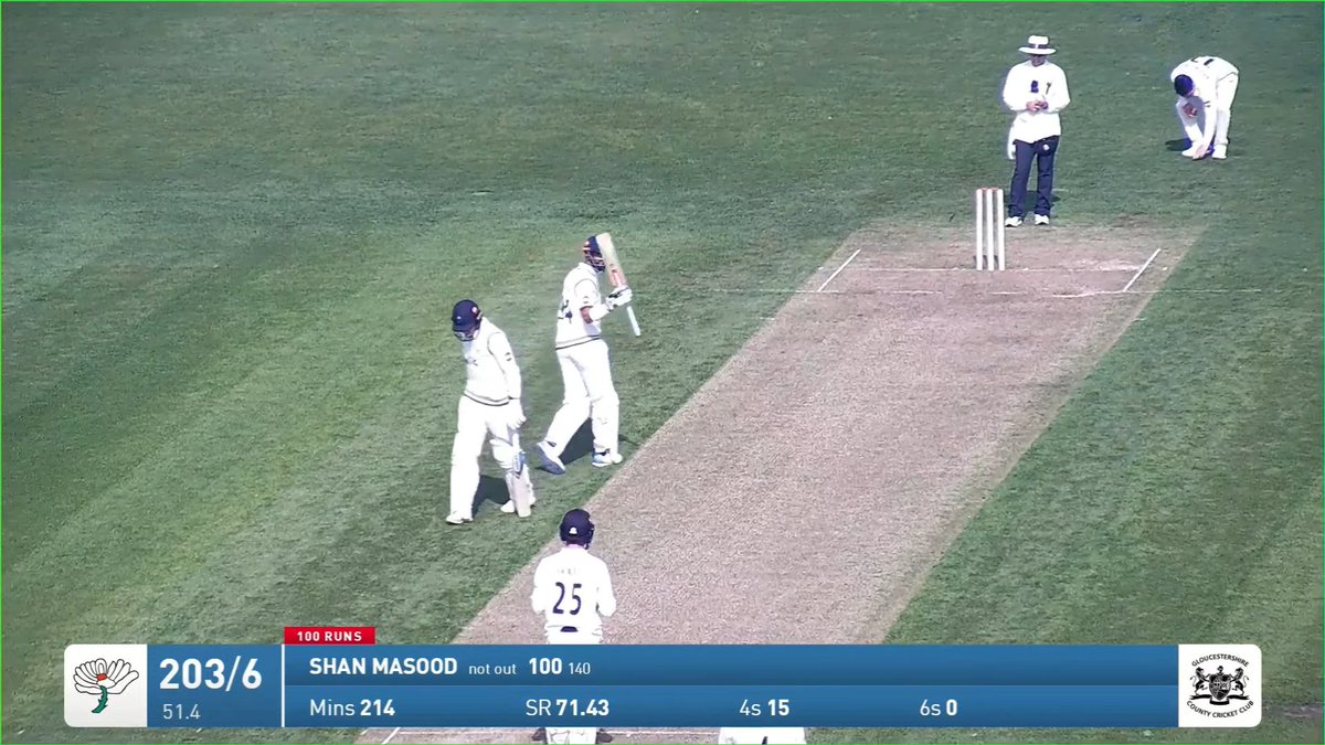 26th First Class century for Shan Masood! 👏🏽 An excellent knock by the Yorkshire skipper, helping his side to recover from 90/5 (which included the wickets of Joe Root for 2 & Harry Brook for 26). #CountyChamp
