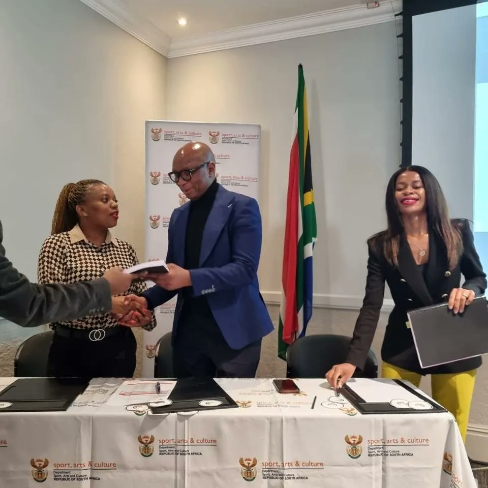 NFVF board chairperson, Ms Tholoana Ncheke, and Acting CEO, Thobela Mayinje, attended the Shareholder Compact signing ceremony hosted by the Minister of @SportArtsCultur, Zizi Kodwa today. Committing the NFVF to deliver on its mandate and targets for 2024/25 Financial Year.