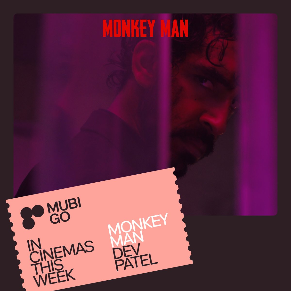 For his first outing in the director’s chair, the dashing Dev Patel flexes new artistic muscles as a bonafide action star in this blood-soaked, neon-lit vengeance tale. Watch MONKEY MAN in cinemas for free this week with MUBI GO. mubi.com/go