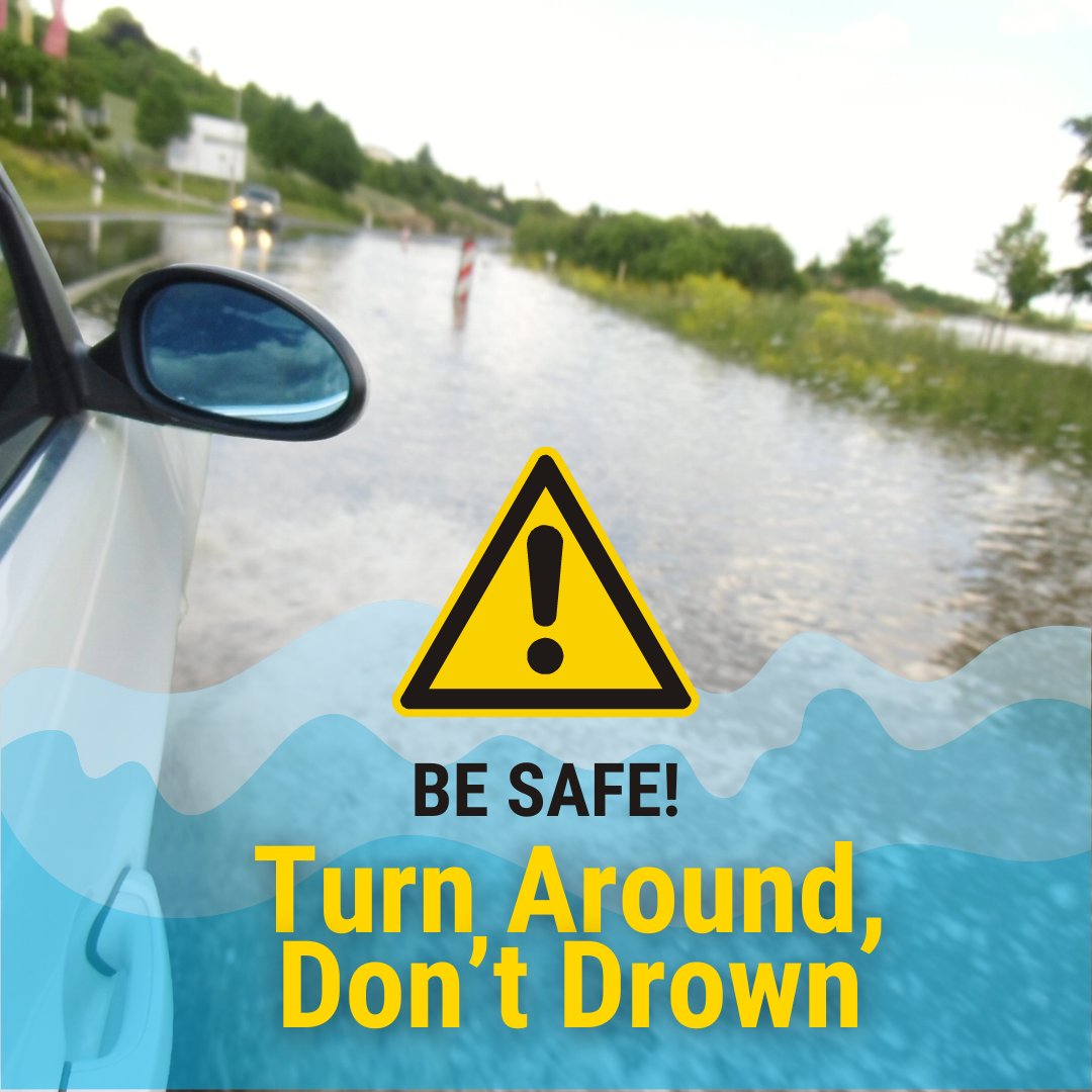 Don't underestimate the power of shallow water. ⚠️🚧 It takes as little as 12 inches of running water to carry away most cars. Turn Around ⬅️, Don't Drown!