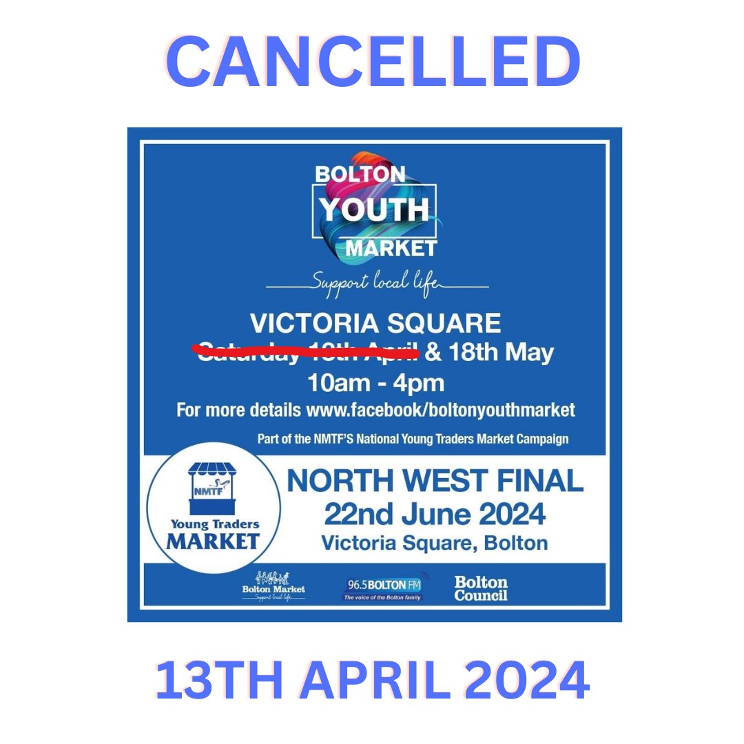 Bolton regret to announce that the local YTM scheduled for tomorrow has been cancelled in regards to health and safety as high winds have been forecast. 
Traders will be contacted by the Bolton team with further details
<a href="/boltonmarkets/">Bolton Markets</a> <a href="/boltoncouncil/">Bolton Council</a>