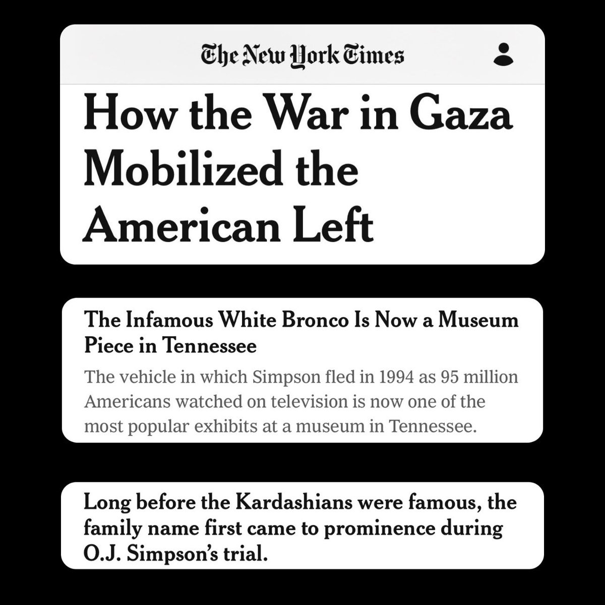 Today's New York Times covers how officials capitulate to fringe protesters. In the biz, we refer to this as “pandering.”

✅ Gaza

➕

✅ OJ’s Bronco

✅ OJ and the Kardashians

But a story on the unaccounted Israeli hostages? Not so much.

#BringThemHomeNOW