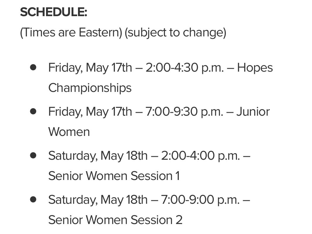 Schedule for the 2024 @USAGym Core Hydration Classic ⬇️