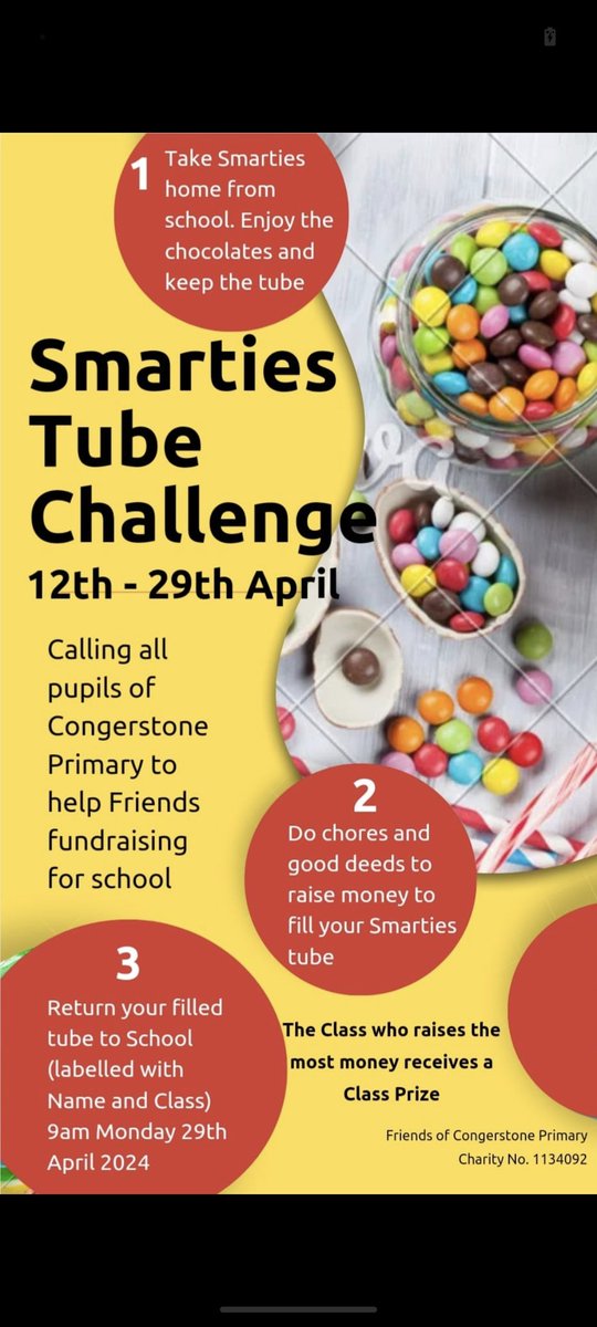 **Smarties Tube Challenge** Smarties coming home today to give extra time for children to do chores and good deeds to raise money 😀 please return filled tubes to school on Monday 29th April, thank you