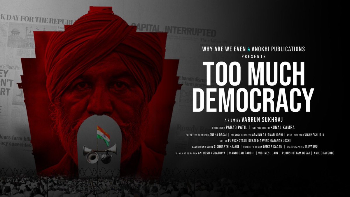 youtu.be/ja3UU36iOik Join farmers of our country in the movement, on the ground at the Delhi border as they protest against the repealed farm laws. Out now: Too Much Democracy - a documentary directed by Varrun Sukhraj @thevarrun