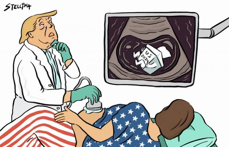Trump's conflicting abortion stances. Cartoon by @toonsbystellina: buff.ly/49BQUQX #Trump #abortion #USA