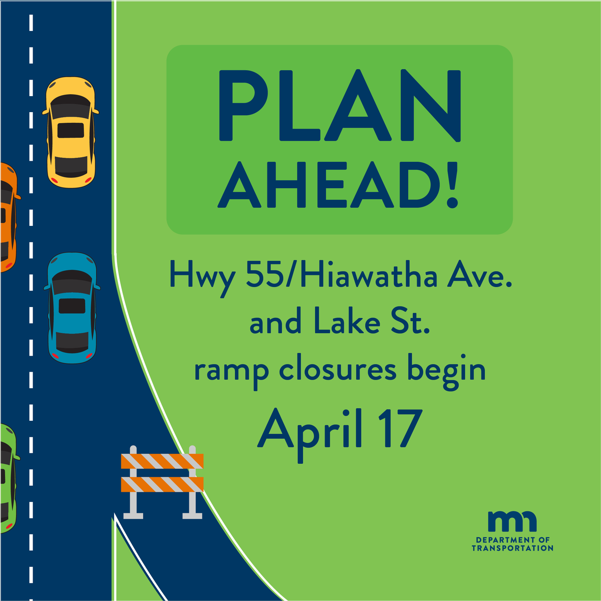 Hwy 55/Hiawatha Ave in Minneapolis: All ramps to/from Hwy 55/Hiawatha Ave at Lake St are closed Wed (4/17) through October 2024. Crews will redesign the intersection. More info: bit.ly/3TwlhCi@VisitL… @CityMinneapolis @Hennepin