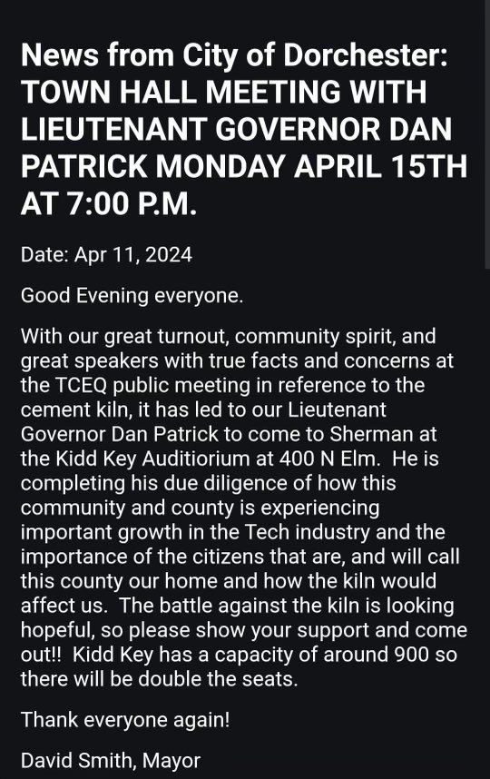 bradj_TX's tweet photo. .@DanPatrick will be in Dorchester on Monday for a town hall about a project to build a cement kiln plant in Grayson County. The company applied with the @TCEQ for a permit. #txlege https://t.co/kFG428v3vI