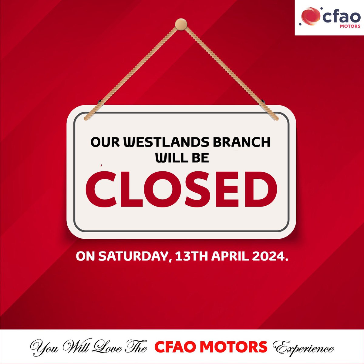 Dear valued customer, Please note that the CFAO Motors Westlands Branch will be closed on Saturday, April 13th, 2024. We apologize for any inconvenience caused. Normal operations will resume on Monday, April 15th, 2024. #CFAOMotorsDrivesKenya