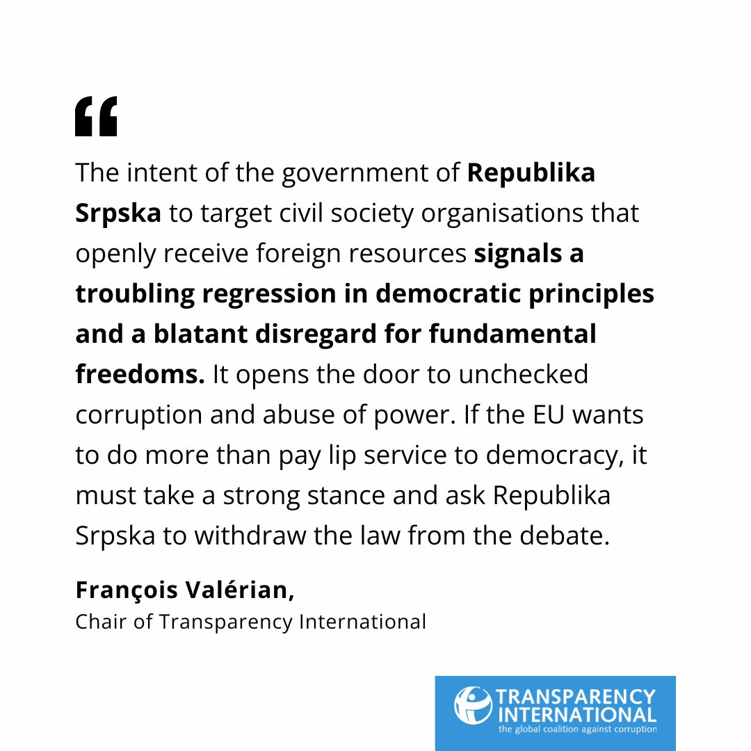 'If the EU wants to do more than pay lip service to democracy, it must take a strong stance and ask Republika Srpska to withdraw the law from the debate.' - @FrancoisValeri3, chair of @anticorruption. Our statement: anticorru.pt/2XW