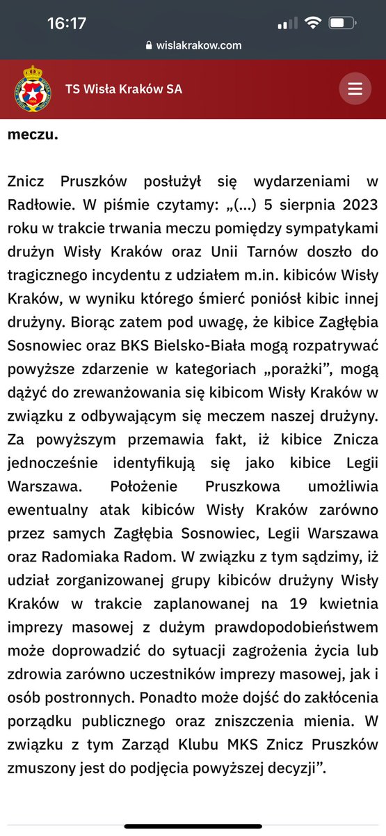 To nie jest dbanie o bezpieczeństwo. Wszyscy uznajmy najlepiej, że kibole mogą decydować, na których meczach są goście, a na których nie. Abstrahując od tego, że prawdziwy powód jest dokładnie ten sam, co w wywiadzie @MateuszMiga z prezesem Wisły Płock. Tuż przed tym…