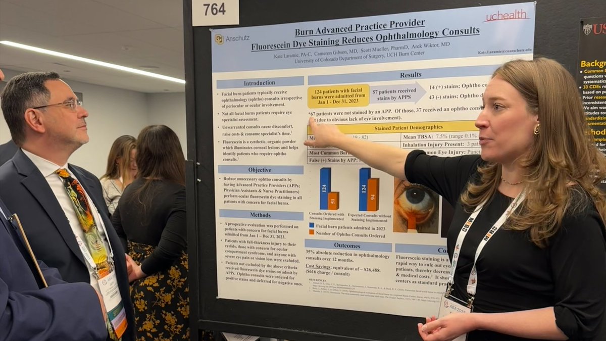 Kate Laramie, PA-C presented a collaborative poster at @Ameriburn evaluating the cost and time savings of PA/NP fluorescein dye eye staining resulting in a reduction in ophthalmology consults. @CUDeptSurg @globalsurgeon #ImproveEveryLife