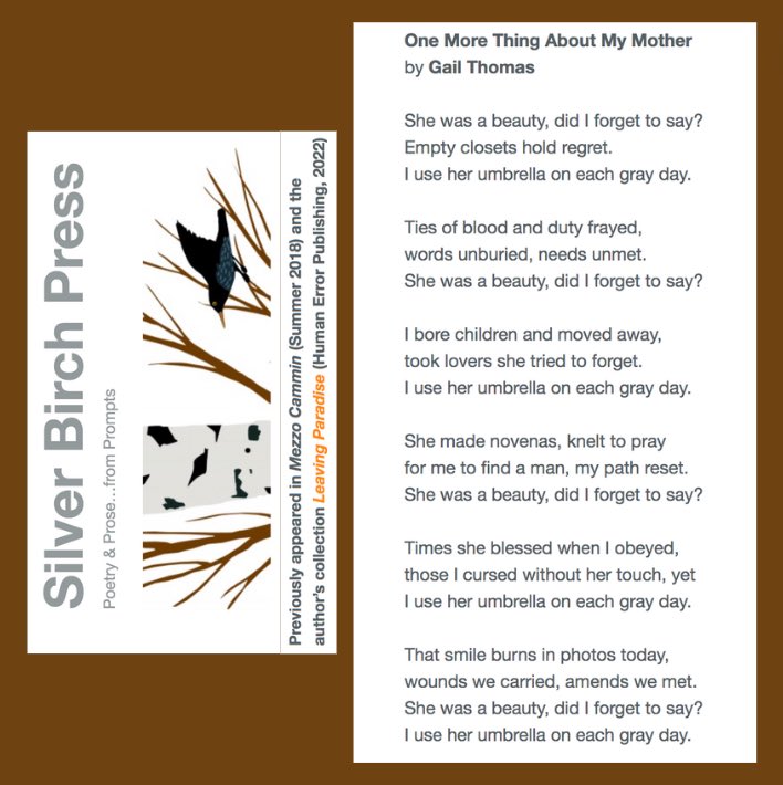 Gail Thomas’s poem “One More Thing About My Mother” is up at Silver Birch Press. A beauty for this rainy day. ☔️ @SilverBirchPres silverbirchpress.wordpress.com/2024/04/08/one…