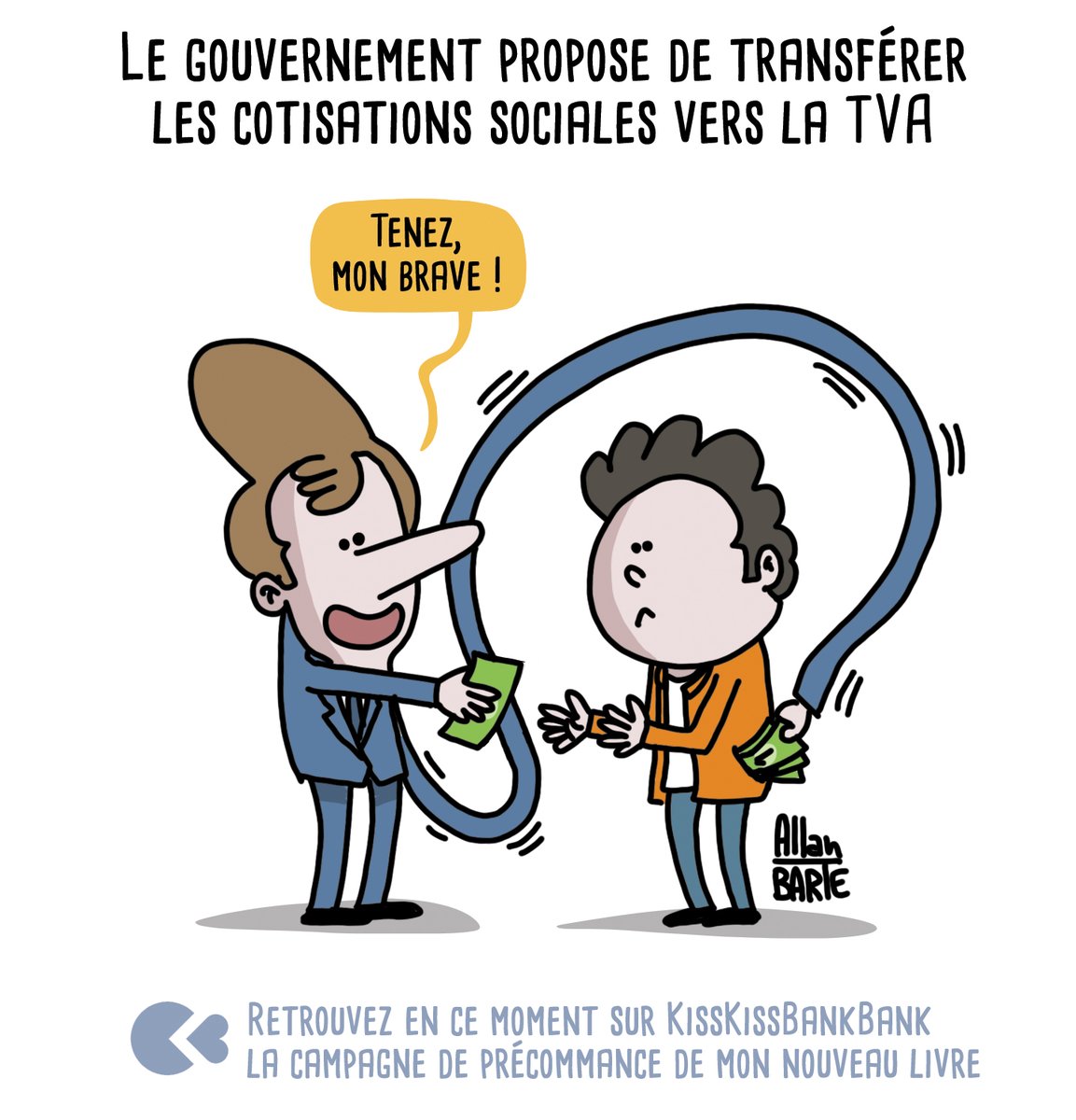 Tour de passe-passe : le gouvernement veut augmenter le salaire net des Français en transférant des cotisations vers la TVA,  contribution très injuste socialement.
#TVA #TVAsociale
(Dessin ♻️)

Pour acheter mon nouveau livre :
▶️ kisskissbankbank.com/fr/projects/vi…
