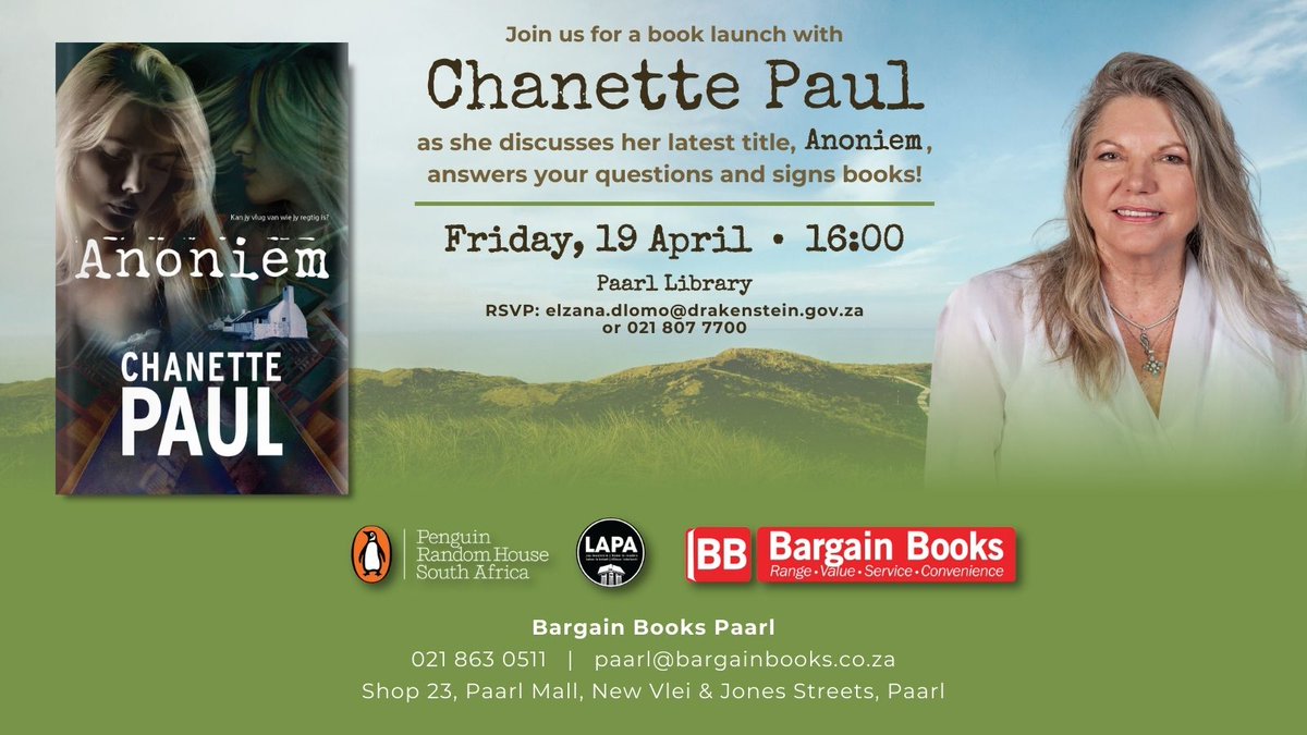 Join us for Chanette Paul's 50th Book Launch! Can you run away from who you really are?A new life, a new town, a new name. Anoniem by Chanette Paul: R350 Link to Event: fb.me/e/4nz2DvekH @Chanettie @LAPAUitgewers @PenguinBooksSA