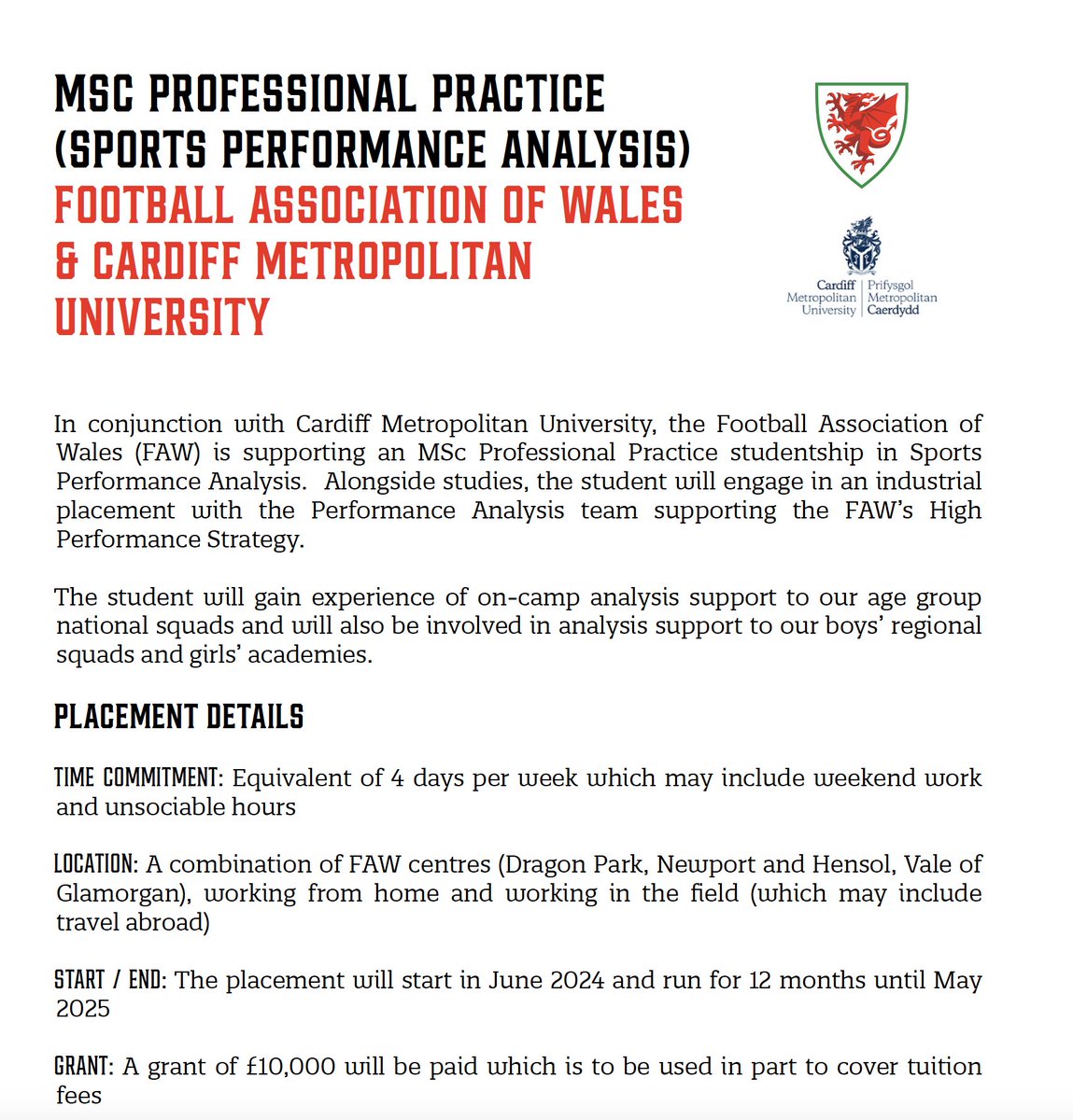 Please find great studentship opportunity working with the FAW as a performance analyst whilst doing an MSc SPA degree at Cardiff Met. University . To apply please follow the link forms.gle/rNmY7R4Ldkv9B5…