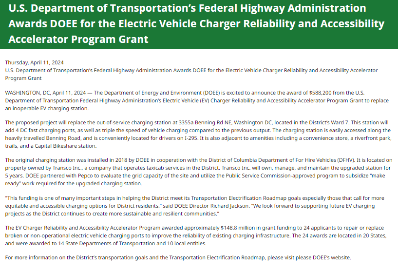 PRESS RELEASE: DOEE is excited to announce the award of $588,200 from the U.S. Department of Transportation Federal Highway Administration’s Electric Vehicle (EV) Charger Reliability and Accessibility Accelerator Program Grant to replace an inoperable EV charging station. Full…