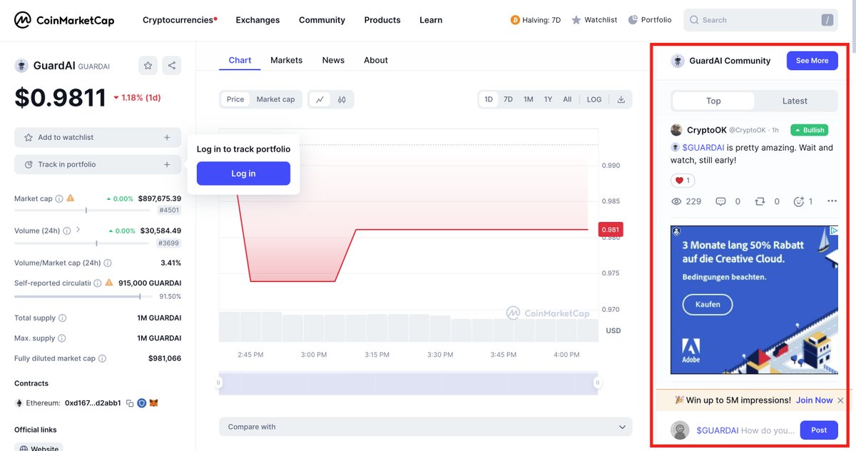 We are very pleased to announce that GuardAI is now officially listed on @CoinMarketCap ✅ Another piece of the puzzle on our way to the top! Go directly to CMC and leave a comment to support the project: coinmarketcap.com/currencies/gua… Thank you GuardAI Team 🚀