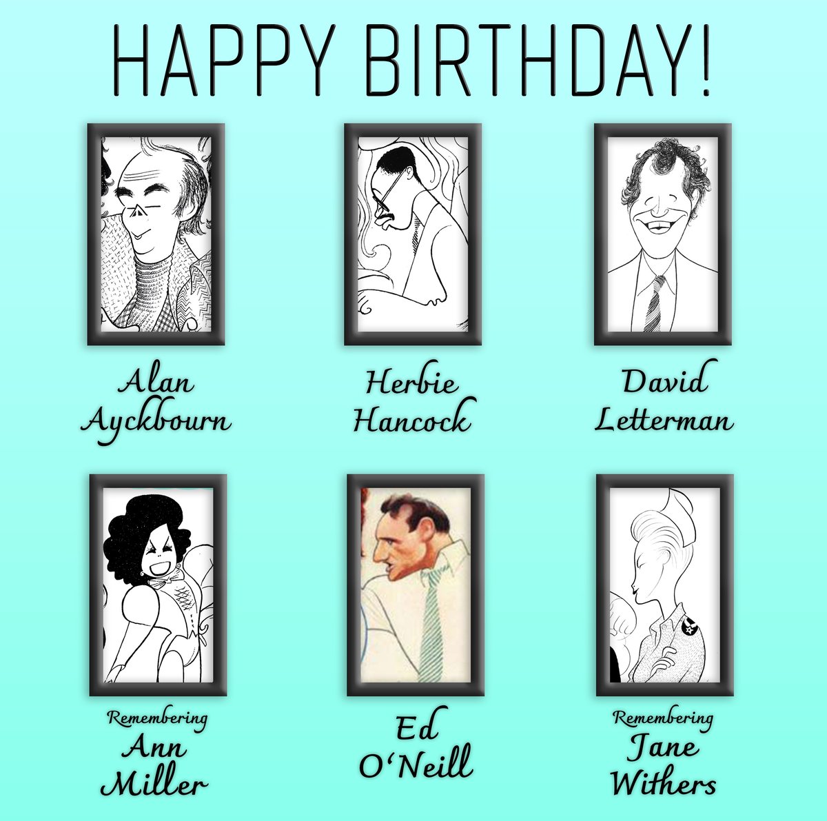 Today in Hirschfeld Birthdays:

Alan Ayckbourn, Herbie Hancock, David Letterman, Ann Miller, Ed O'Neill, and Jane Withers!

View works at alhirschfeldfoundation.org

#AlanAyckbourn #HerbieHancock #DavidLetterman #AnnMiller #EdONeill #JaneWithers #Hirschfeld #Art #Caricature