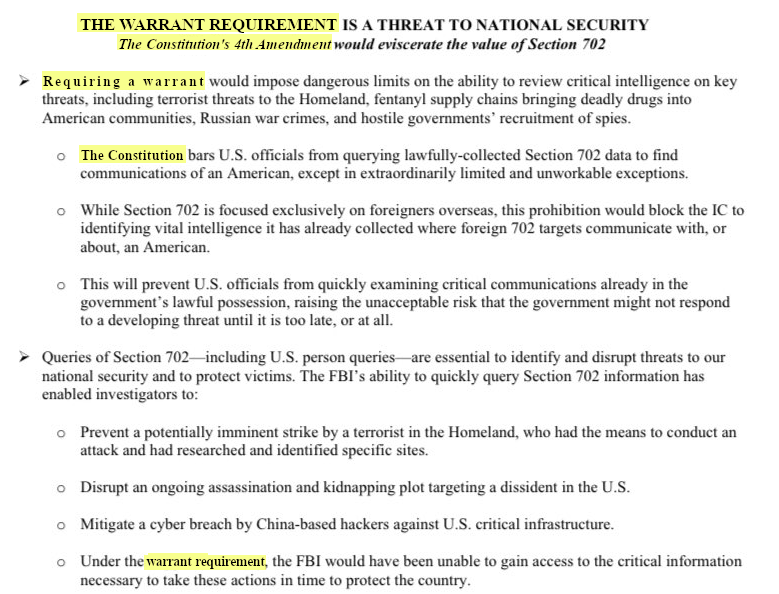 Whoa: the White House is calling the 4th Amendment of the Constitution a threat to National Security. This is a real memo sent out today: the yellow-highlighted sections just translate euphemism ('the Biggs Amendment') to plain language (Biggs' warrant req). (Source below in QT)