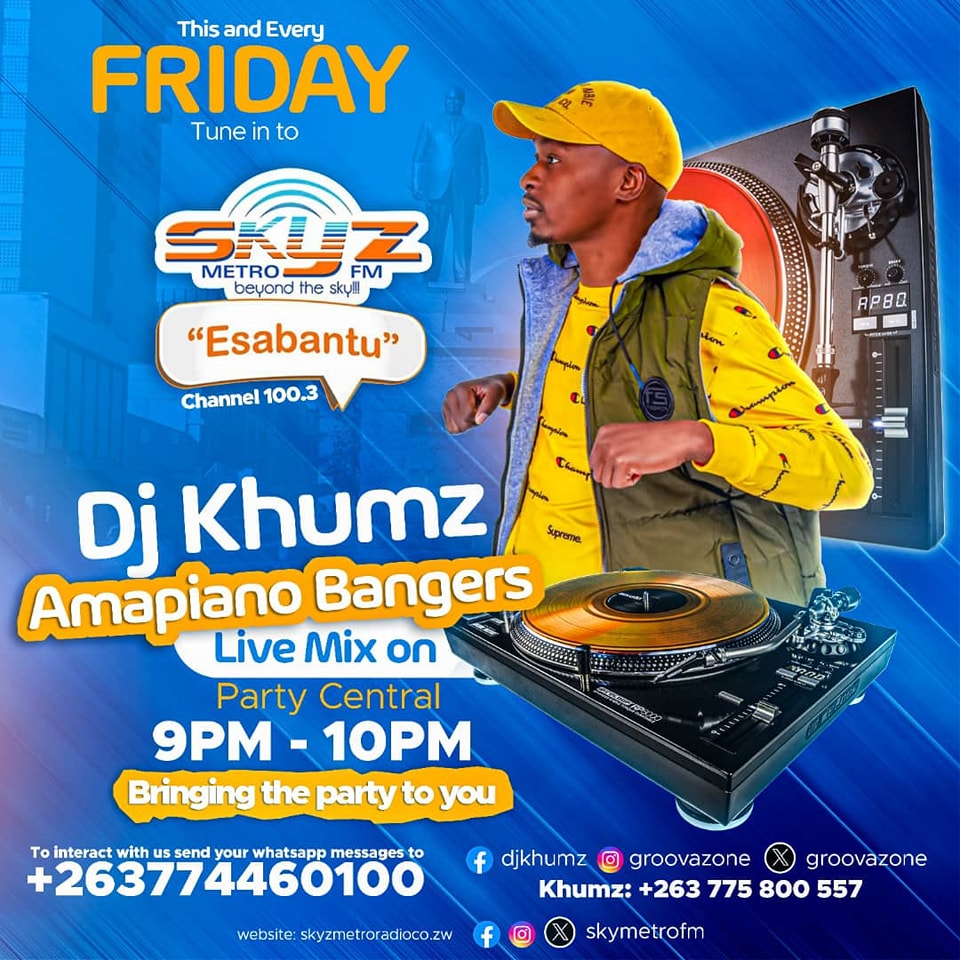 Let's get the weekend started.Catch @groovazone Amapiano Bangers Live Mix on Party Central at 9 pm. Stream live on skyzmetroradio.co.zw #BeyondTheSky #esabantu