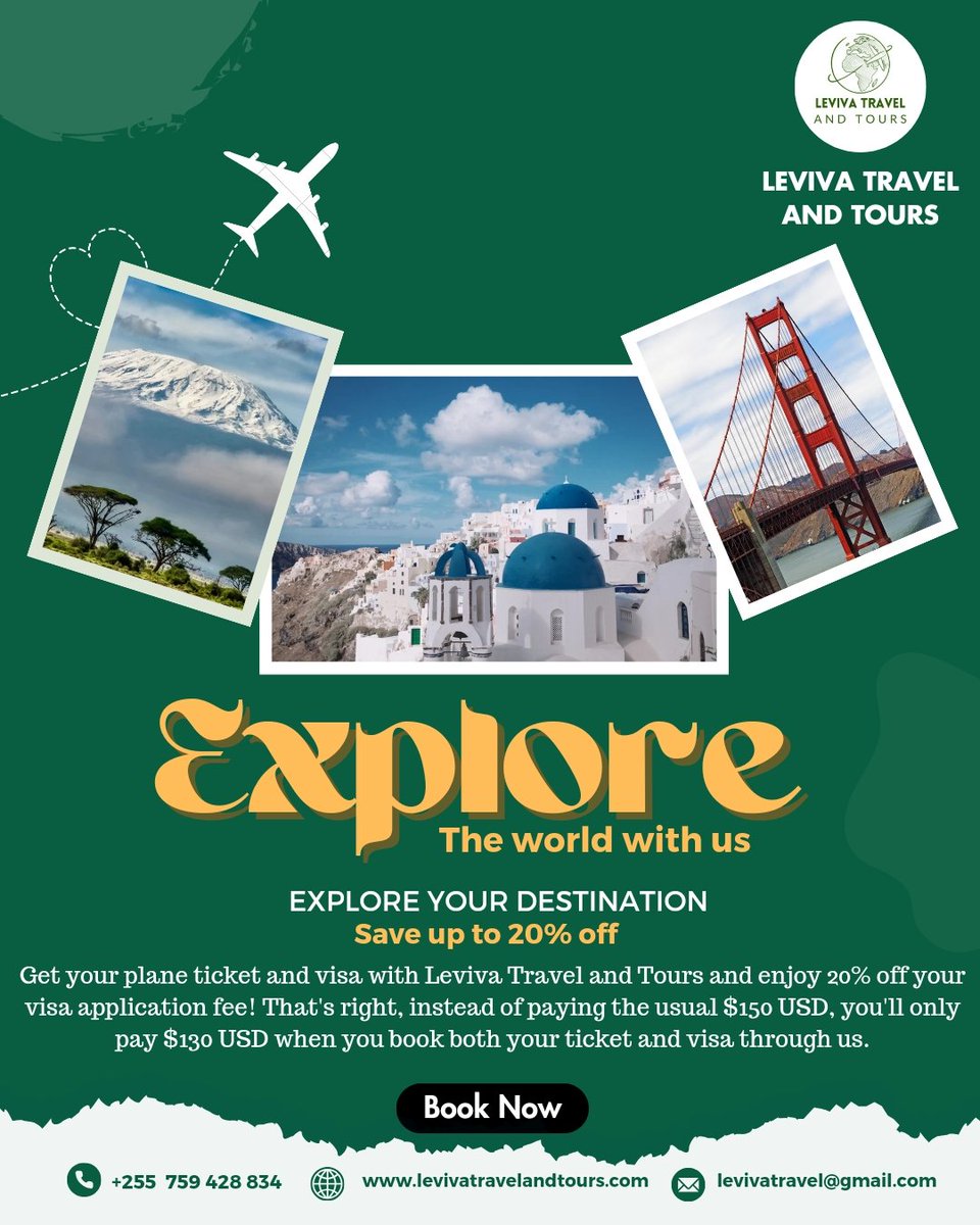 Let's explore the world together!

Book your plane ticket and visa with Leviva Travel and Tours and get 20% off your visa application fee!

Book your next adventure with Leviva Travel and Tours!

📩 Info@levivatravelandtours.com
🌐levivatravelandtours.com

#travelgram #explore