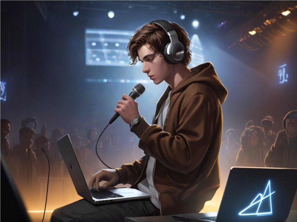 Imagen Portada. Un joven con audífonos y ropa urbana, sosteniendo un micrófono en una mano y una laptop sobre las piernas. El rostro del joven está iluminado por las luces tenues de un escenario de hip hop. Al fondo, se ve la silueta de un data center, con sus luces parpadeantes y cables entrecruzados.