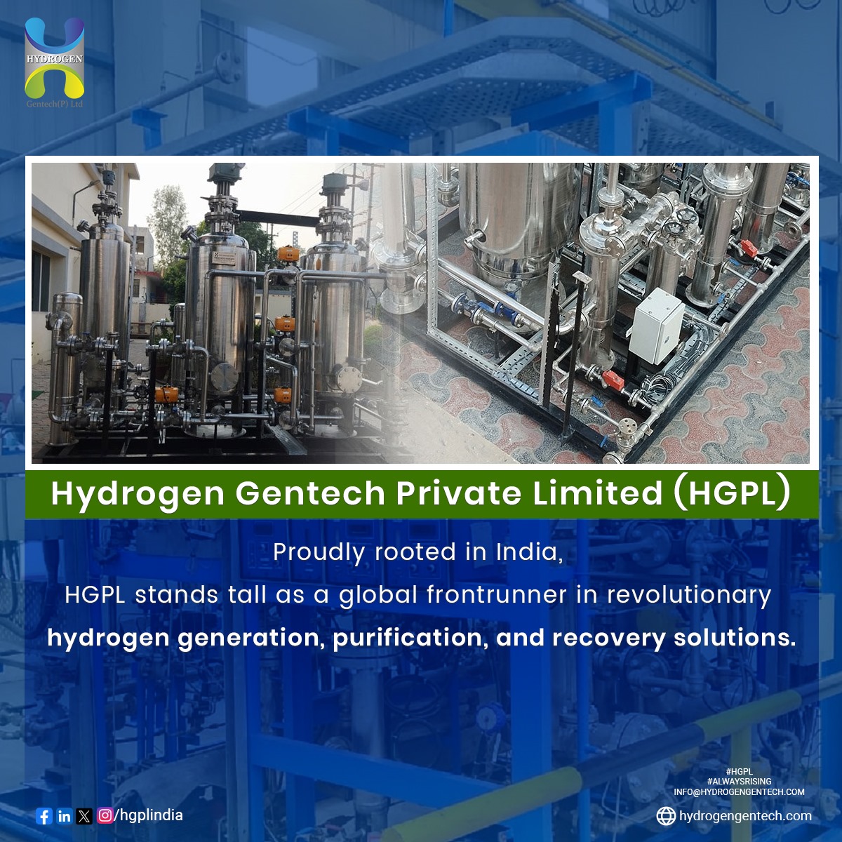 🌟 Hydrogen Gentech Private Limited (HGPL) 🌟 🇮🇳 Proudly rooted in India, HGPL stands tall as a global frontrunner in revolutionary hydrogen generation, purification, and recovery solutions. 💡 #Hydrogen #CleanEnergy #Innovation #Manufacturing #GreenTechnology