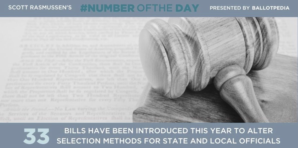 SCOTT RASMUSSEN NUMBER OF THE DAY: So far this year, 33 bills have been introduced by legislators across 15 states to alter selection methods for various state and local officials. 26 would change previously appointed positions to elected ones, while 7 would do the opposite.…