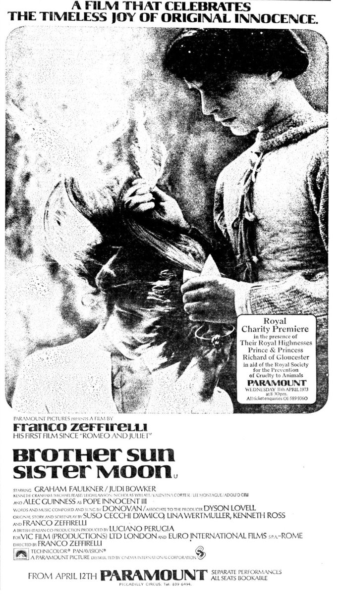 On this day, April 12th, 1973, Franco Zeffirelli's BROTHER SUN, SISTER MOON opened in London at the Paramount (after its Royal Charity Premiere the night before)..