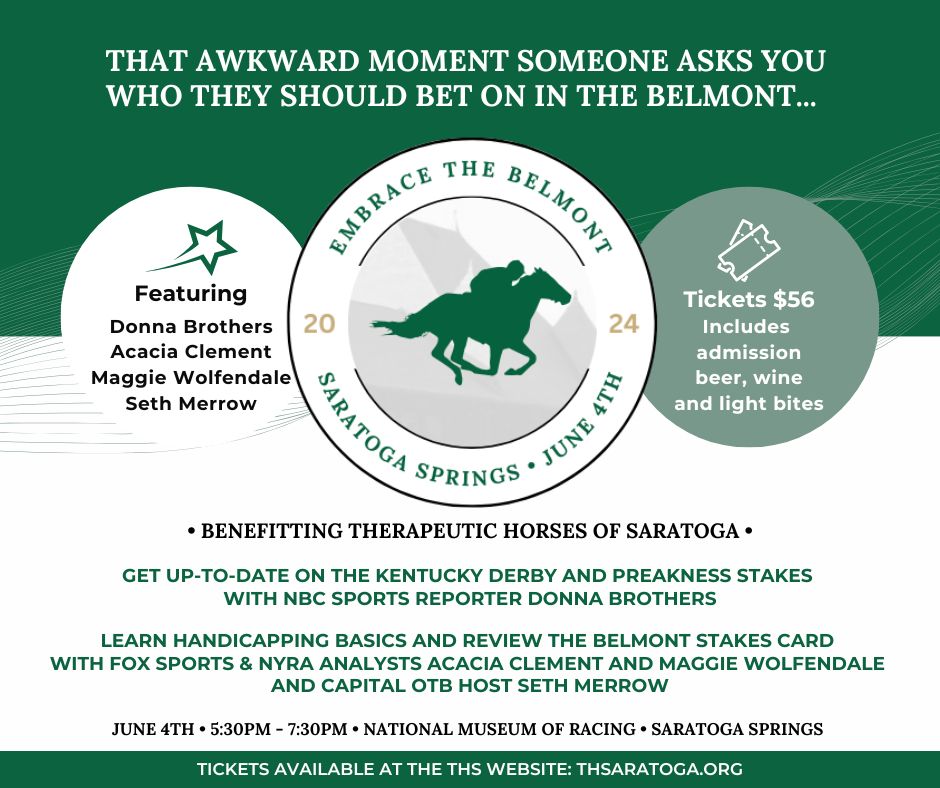 If you're already excited about the Belmont Stakes coming to Saratoga... but have NO idea who you should bet on--this event is for you! Join @acacia_clement, @MaggieWolfndale, @SethMerrow2, and me at the @nmrhof, benefitting @TH_Saratoga. Details below.