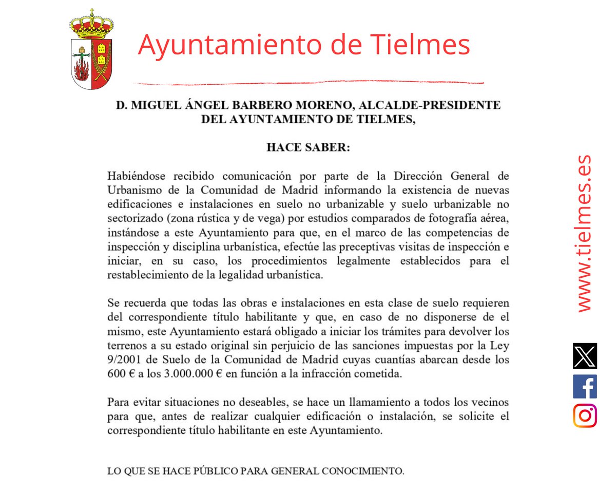 ‼️ Bando relativo a la edificación y contrucción en suelo no urbanizable y suelo urbanizable no sectorizado.

#TielmesEsCorazón