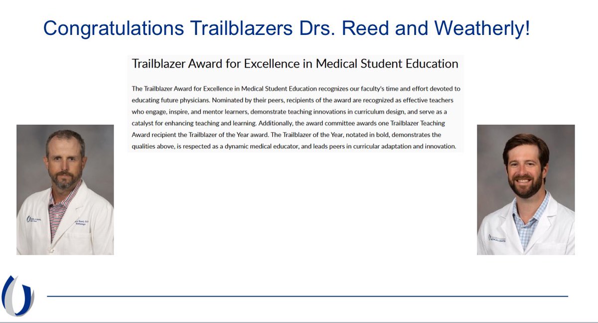 Let’s keep the kudos coming! 🌟 🎉 Congratulations to Dr. Chris Reed and Dr. Brandon Weatherly, who won Trailblazer Awards for Excellence in Medical Student Education @UMMCnews !! 🌟We are proud of all that you do for our medical students!