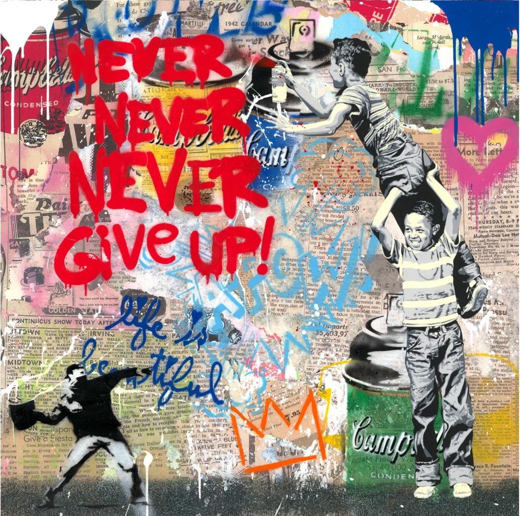 'Life is Beautiful'... Happy Friday!⁠ ⁠ Mr Brainwash⁠ Never Never Give Up⁠ Mixed media on paper⁠ 36 x 36 inches⁠ ⁠ #mrbrainwash #popart #streetart #mixedmedia #graffiti #bendergallery #downtownasheville⁠ ⁠