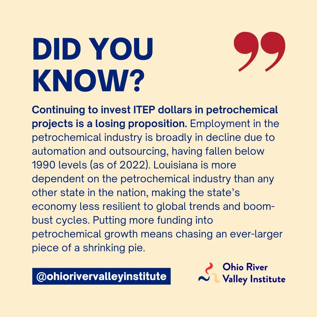 Join us for another #FactsFriday, an opportunity for us to highlight key findings from recent reports! Did you know that continuing to invest controversial tax incentive program ITEP dollars in petrochemical projects is a losing proposition? Read: tinyurl.com/yt7nmrpv #ORVI