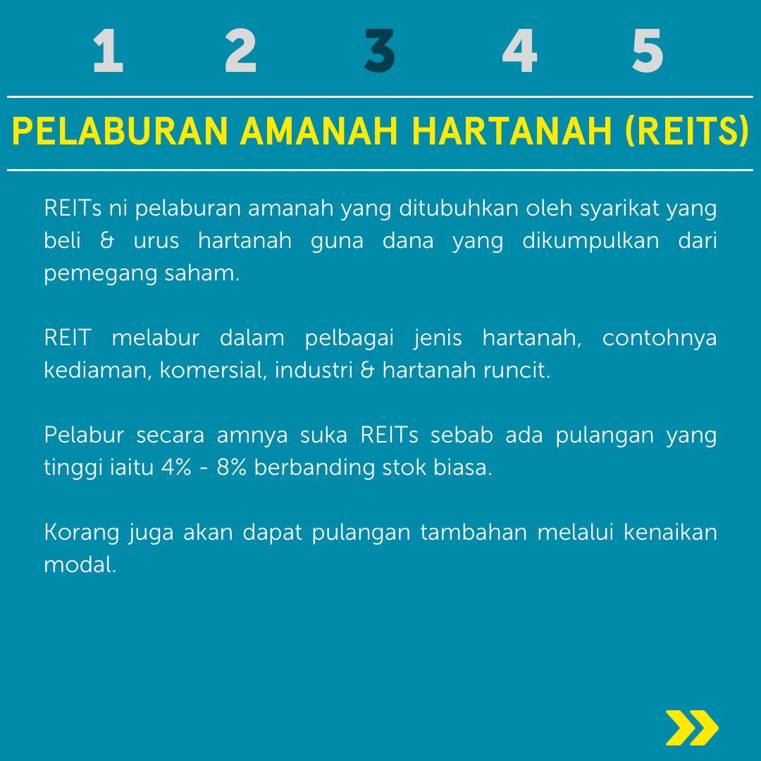 Third: 
REITs ni pelaburan dalam hartanah. Biasanya, kalau invest dalam hartanah ni dapat pulangan yg tinggi. So untung gila kat sini 🤩