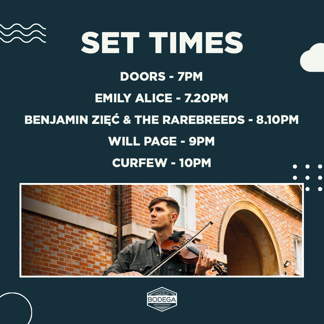 SET TIMES Tonight we're joined by the immensely talented @willpagemusic (of Noble Jacks fame) who's brings his shuffle based fiddle playing alongside Benjamin Zięć and Emily Alice. It's Happy Hour from 4PM and there's still a couple of tickets on the door. You know what to do!