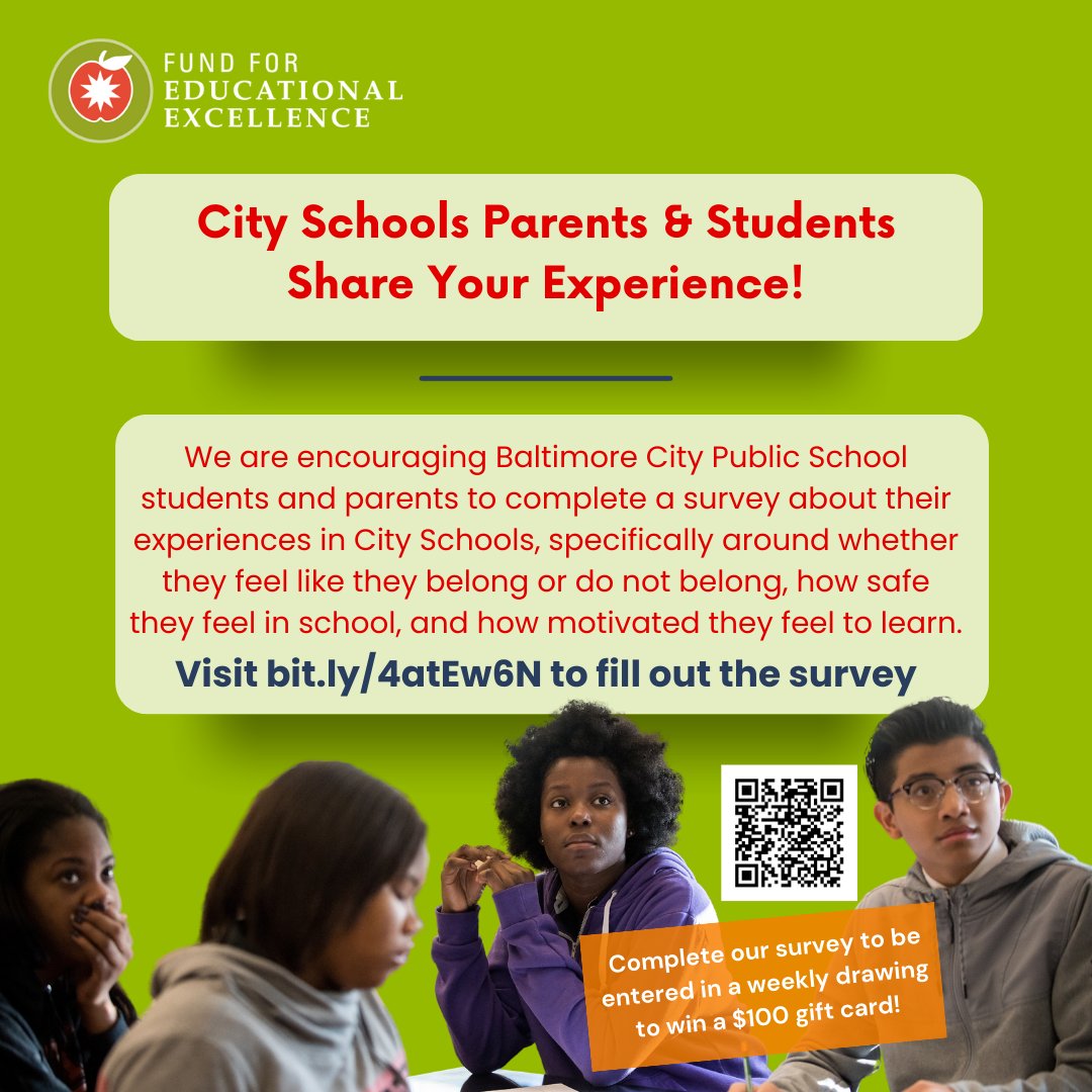 Do you feel safe in school? Do you feel motivated to learn? Do you feel like you belong? Answer these questions and more on @thefundbalt’s survey about your experience in @BaltCitySchools! bit.ly/4atEw6N