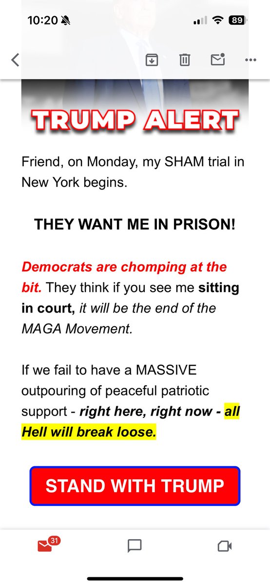 This is the fundraising email the Trump camp sent to its supporters this morning, ahead of the hush-money trial beginning on Monday. “All hell breaks loose” Desperate, dangerous stuff.