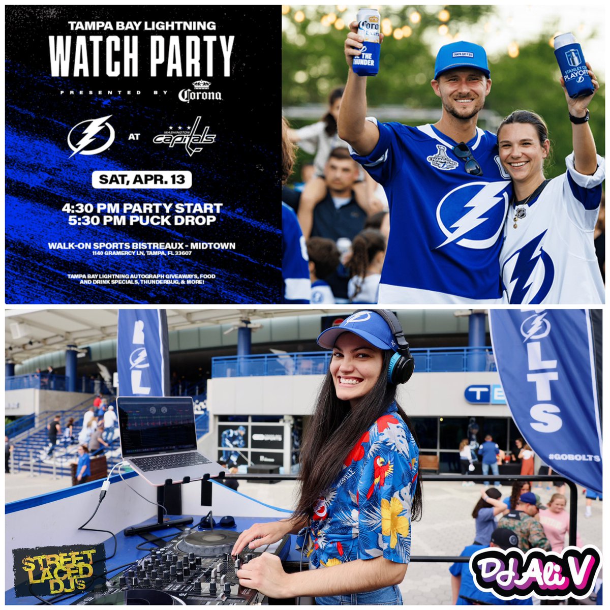 Hey #BoltsNation⚡️!
We hope you can join us TOMORROW for the official @TBLightning Watch Party powered by @CoronaUSA at Walk-On’s in @MidtownTampa! #StreetLacedDJs own Ali V on vibe w/@ThunderBugTBL, @TBLRollingTHNDR, #BoltsBlueCrew & You! 4:30pm start, 5:30p puck drop! #GoBolts