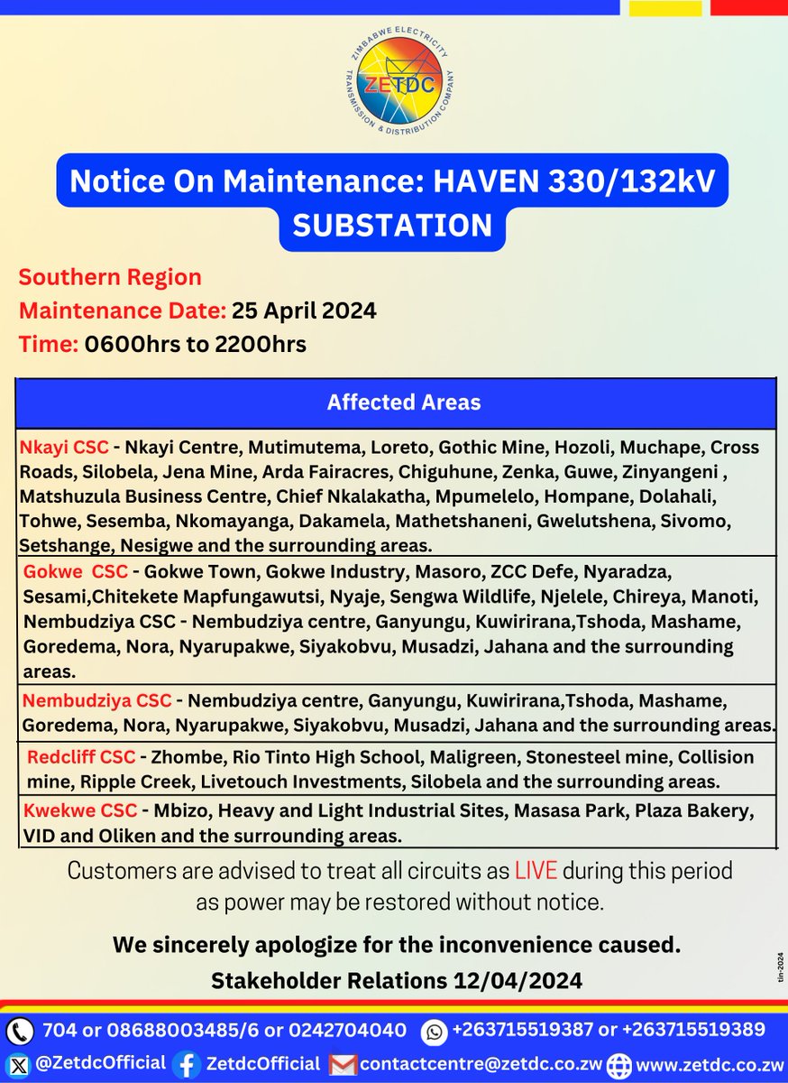 #SouthernRegion #NoticeOnMaintenance 
Residents in the mentioned areas kindly take note.

@ZESAHOLDINGS_