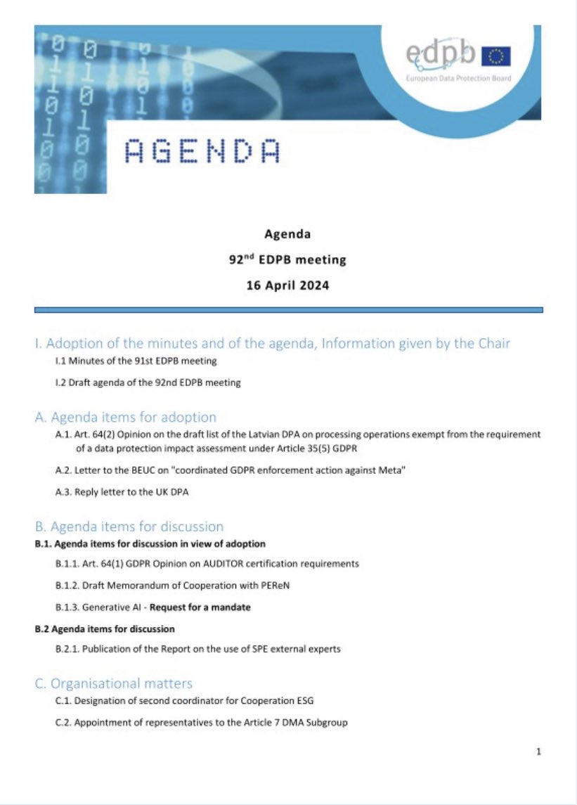 Next week, the EDPB is meeting for its April plenary session. Among others, the EDPB will discuss an Art. 64 (2) Opinion on Consent or Pay models and its strategy for 2024-2027