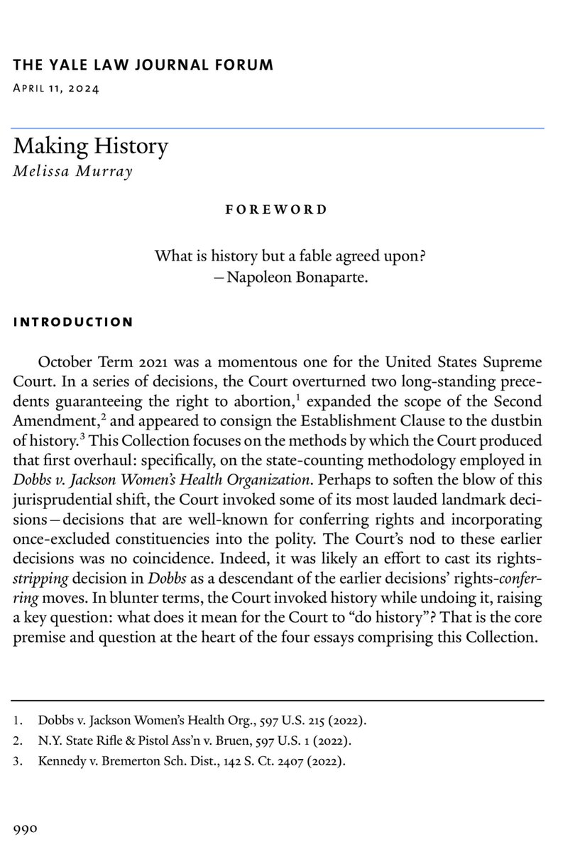 I wrote the Foreword, 'Making History,' which puts the other pieces in the Collection in conversation with each other... and also adds my own two cents on the Court's efforts to make and remake history. yalelawjournal.org/forum/making-h…