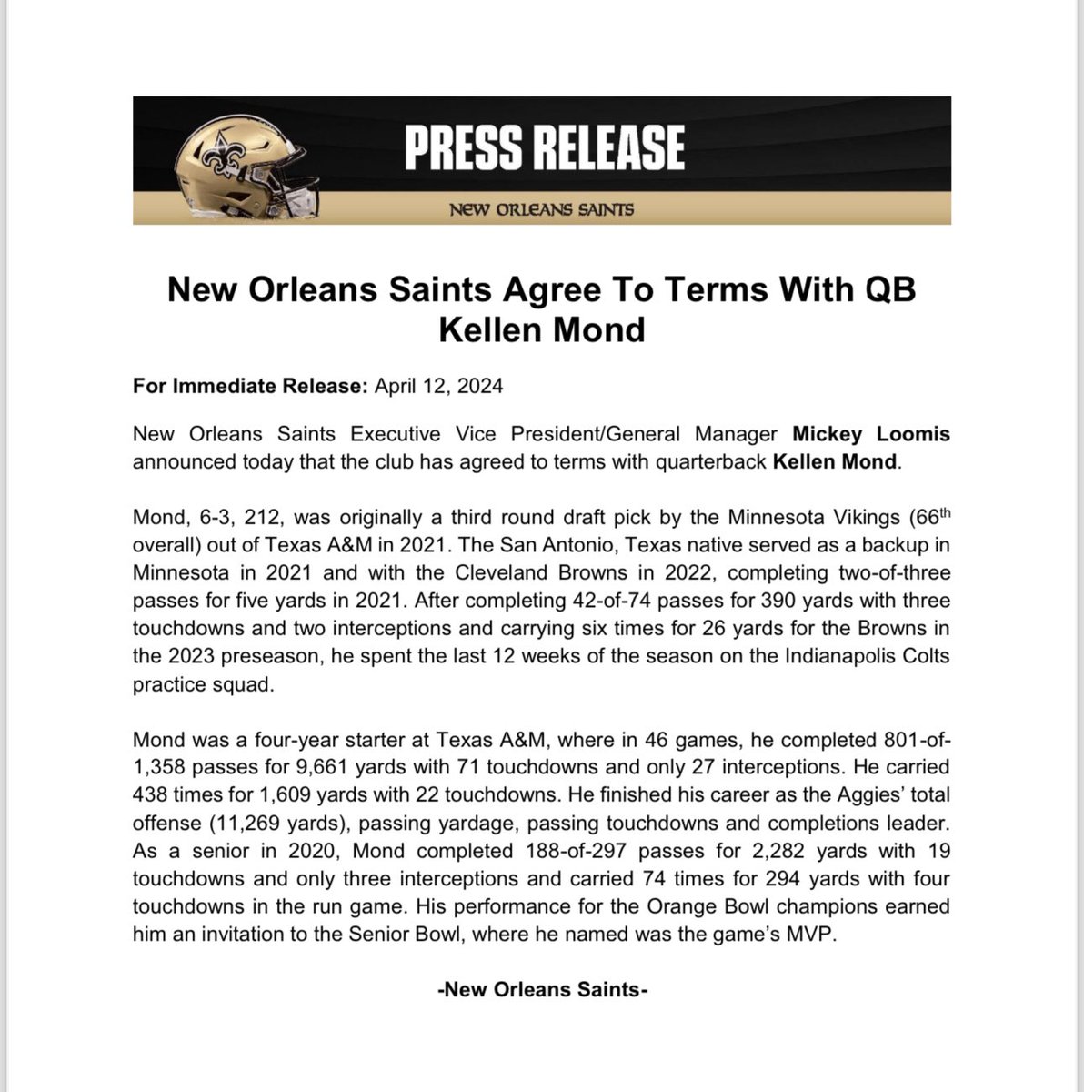 #saints sign QB Kellen Mond