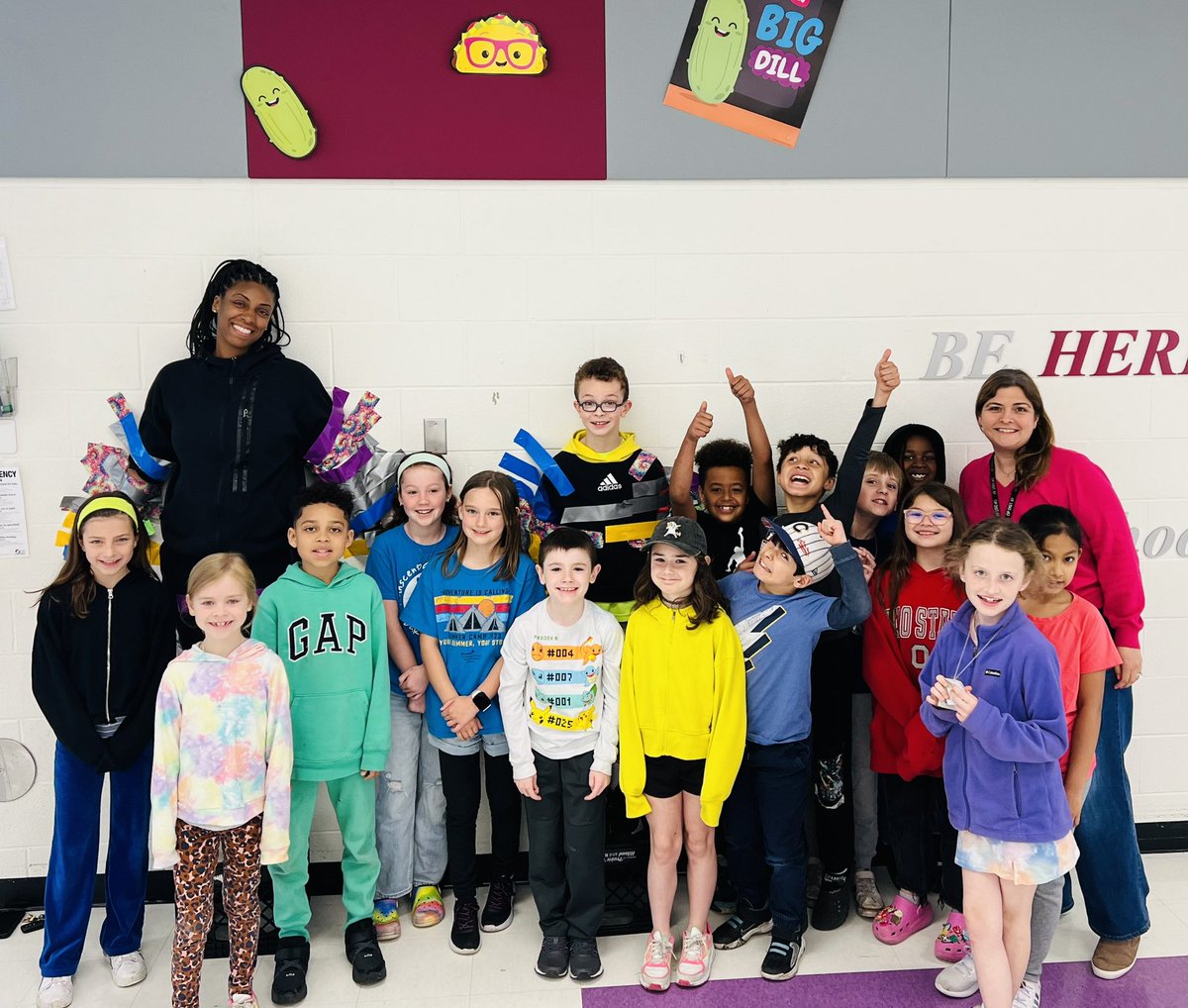Our class loved having the opportunity to tape BOTH Ms. Jefferson AND our classmate (who is serving as Ms. Jefferson’s assistant as Principal for the Day!) to the wall! #PBISreward #tapetheprincipaltothewall #WeAreD97 #LongfellowBears