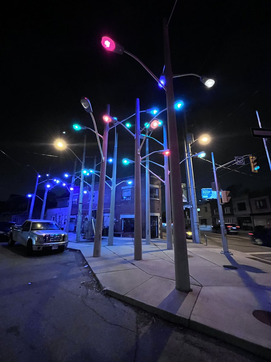 If you have ever driven on Weston Rd past Dennis Ave during the day, you might think this cluster of streetlights is a planning disaster, but drive by at night and realize it’s an actually art installation called Nyctophelia. Love it or hate it, public art engages, more please!