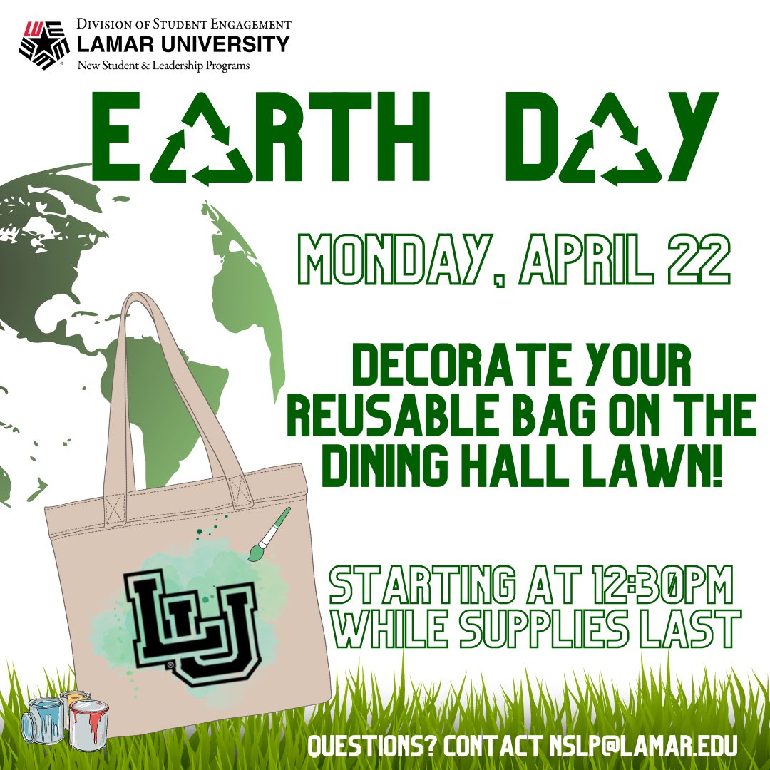 Celebrate Earth Day with us on Monday, April 22nd starting at 12:30pm on the Dining Hall Lawn!
Decorate your LU reusable bag - bags and paint will be provided!!
