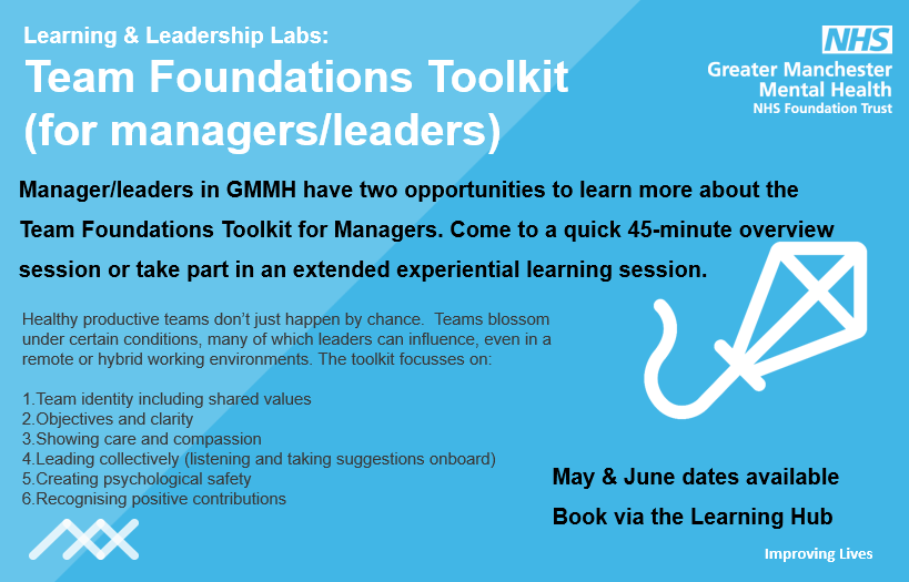 Our GMMH Team Foundations Toolkit is for managers/leaders who want to help their teams thrive. Come 2 a Learning Lab- find out more about the toolkit. Search ‘team foundations’ on the Learning Hub  to view the sessions available <a href="/GMMH_NHS/">Greater Manchester Mental Health</a> <a href="/Knowledge_GMMH/">Library and Knowledge Services</a> <a href="/JamesAdamHunter/">James Hunter</a>