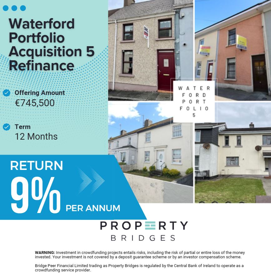 NEW OFFER: Waterford 5 Refinance 9% p.a We are raising €745,500 to refinance our original Waterford 5 offering. It will be secured against 6 properties that have been recently renovated and are currently let to the council on a 25-year lease 01 5494546 propertybridges.com